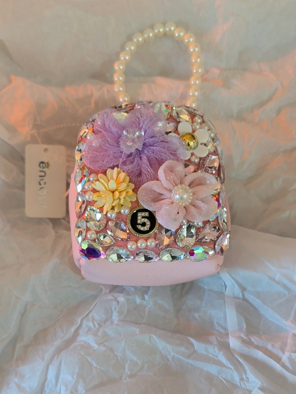 Encore Embellished Pink Floral Mini Handbag with Pearl Handle